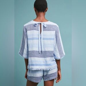 ANTHROPOLOGIE | Cloth & Stone - Blue Linen Blend Frayed Trim Boho Top XS